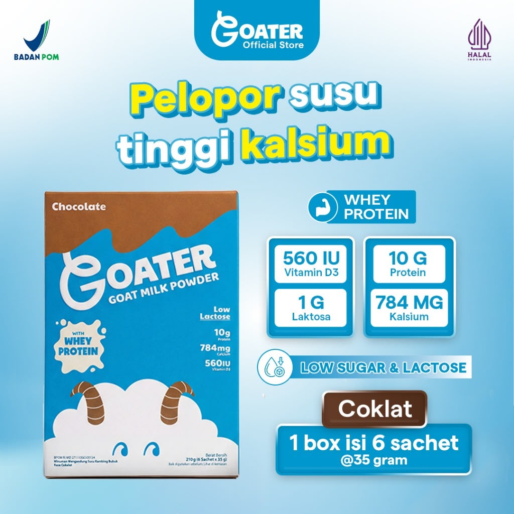 GOATER Susu Kambing Tinggi Kalsium Whey Protein - 1 Box 6 Sachet @35g Coklat